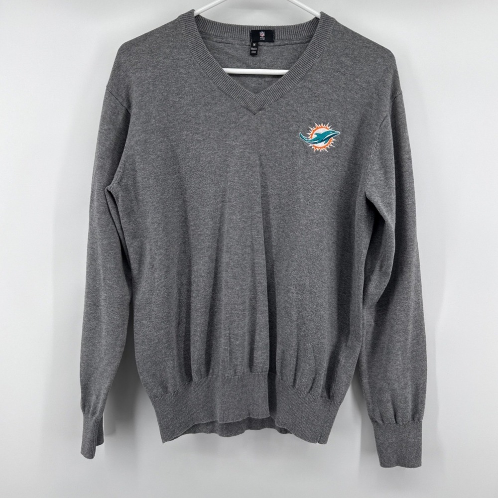 NFL Pro Line Miami Dolphins Gray V-Neck Cotton Sweater Mens Medium Logo Pullover